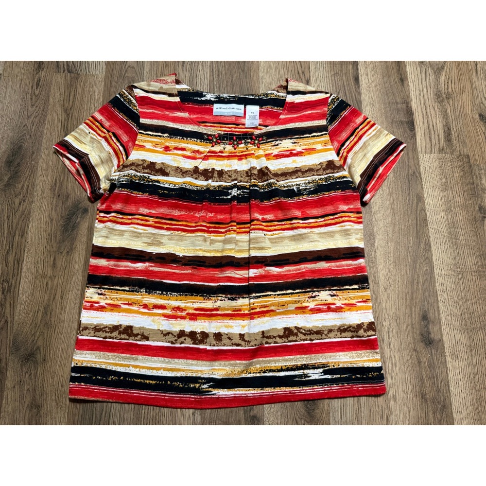 Alfred Dunner Shirt Women's Petite Small Red Brown Black Striped Short Sleeve